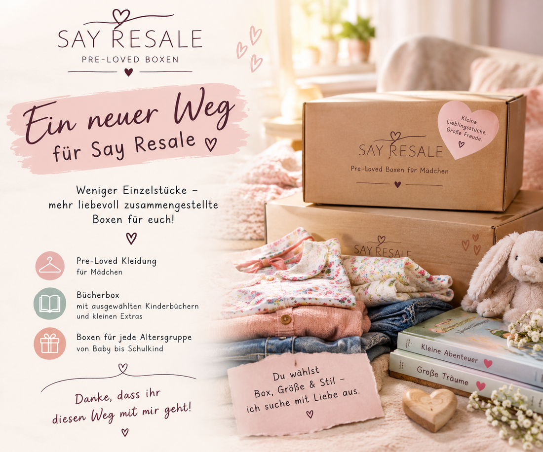 SAY Resale Pre-Loved Boxen für Mädchen mit liebevoll zusammengestellter Secondhand-Kleidung, Kinderbüchern und kleinen Extras – Ankündigung des neuen Boxsystems..