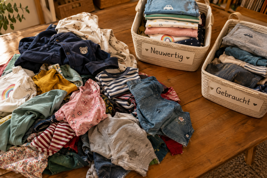 Kinderkleidung auf einem Holztisch neben zwei Körben mit gefalteten Kleidungsstücken, beschriftet mit „Neuwertig“ und „Gebraucht“.