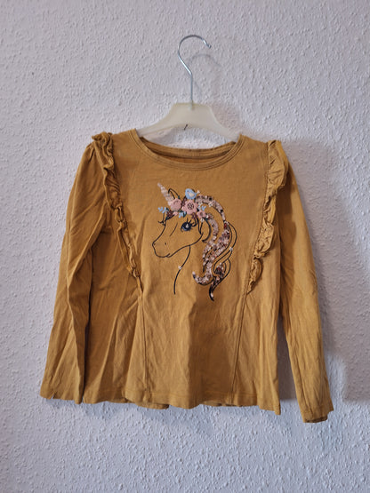 Sweatshirt Okkerfarbe mit Einhorn 122 Mädchen Kinderkleidung Secondhand Say Resale verspielt C&A 