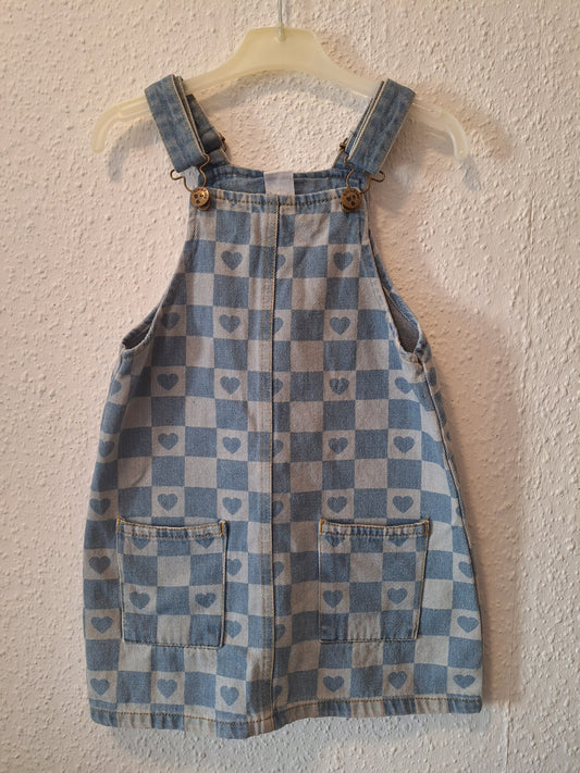 Latzkleid Jeans blau kariert mit Herzen 146