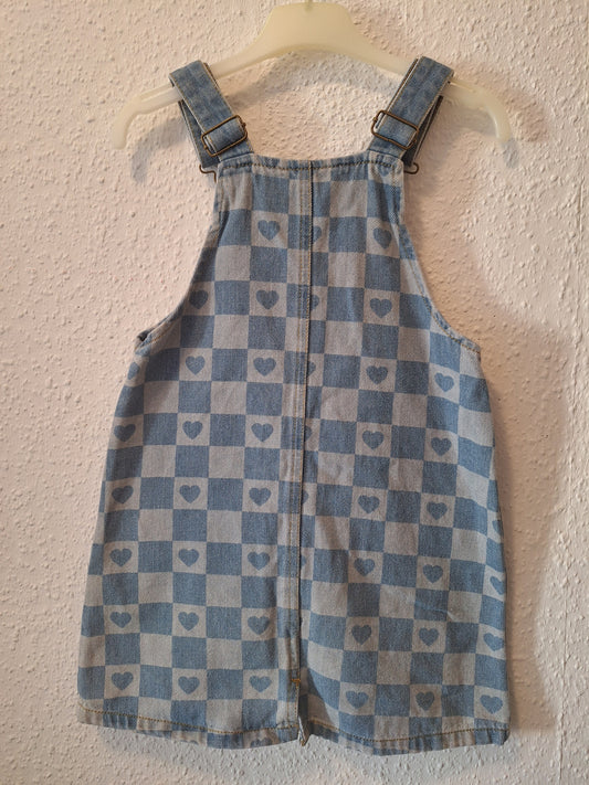 Latzkleid Jeans blau kariert mit Herzen 146