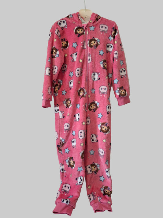 Warmer Fleece Overall mit Kapuze und Reißverschluss in Pink mit Gabby Dollhaus 110/116 Schlafanzug Kinderkleidung Mädchen Secondhand
