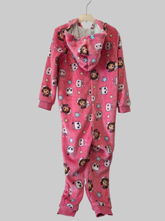 Warmer Fleece Overall mit Kapuze und Reißverschluss in Pink mit Gabby Dollhaus 110/116 Schlafanzug Kinderkleidung Mädchen Secondhand